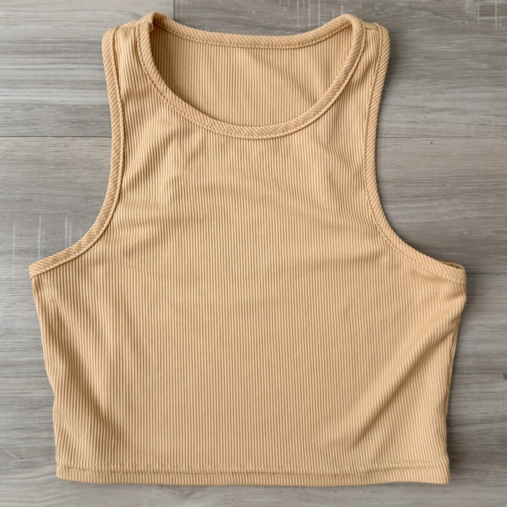 Tan Ribbed Racerback Crop Tank Top High Neck Sleeveless Knit Camel Camisole - Picture 1 of 2